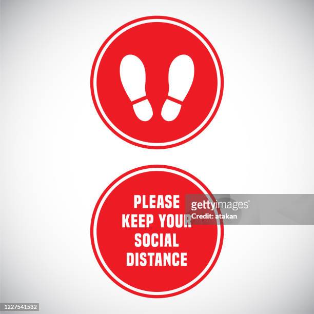 ilustrações de stock, clip art, desenhos animados e ícones de vector coronavirus design concept. keep your social distance foot print warning sign. - keep out sign