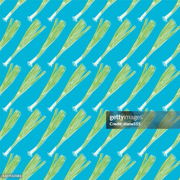 hand drawn scallions seamless pattern - spring onion stock illustrations