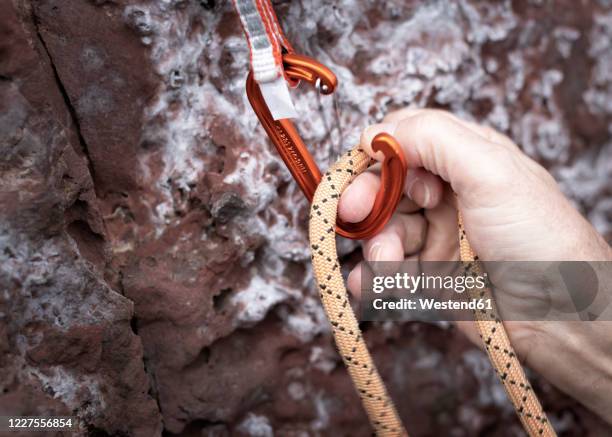 clipping a climbing rope into a karabiner - karabiner stock pictures, royalty-free photos & images