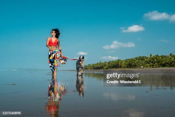 young woman taking her dog for a walk at the beach, costa rica - costa rica beach stock pictures, royalty-free photos & images