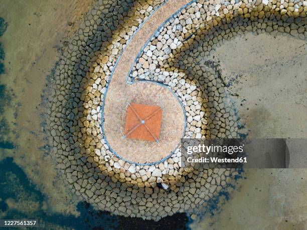 indonesia, bali, sanur, aerial view of gazebo at edge of rocky coastline - sanur bildbanksfoton och bilder