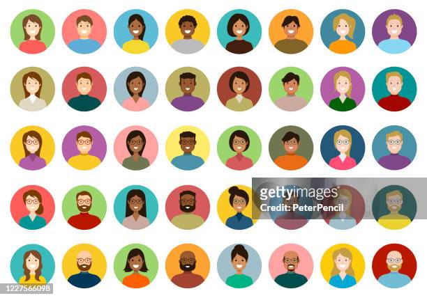 people avatar round icon set - profile diverse faces for social network - vector abstract illustration - boy face happy stock illustrations