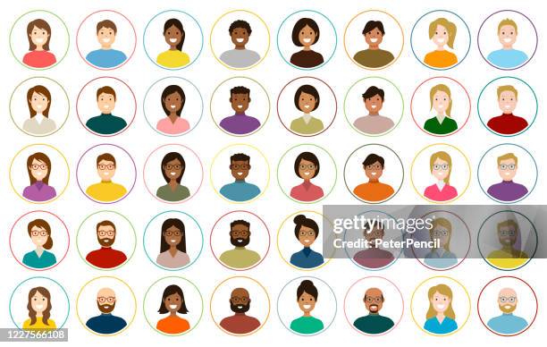 people avatar round icon set - profile diverse faces for social network - vector abstract illustration - girl blonde hair with glasses stock illustrations