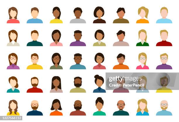 ilustraciones, imágenes clip art, dibujos animados e iconos de stock de conjunto de iconos de avatar de personas - perfil diversas caras vacías para la red social - ilustración abstracta vectorial - con barba y gafas