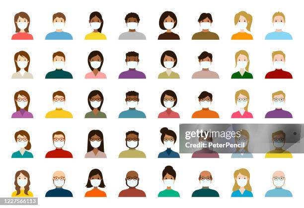 stockillustraties, clipart, cartoons en iconen met mensen avatar in medical masks icon set - profiel diverse gezichten voor sociaal netwerk - vector abstracte illustratie - verduisterd gezicht