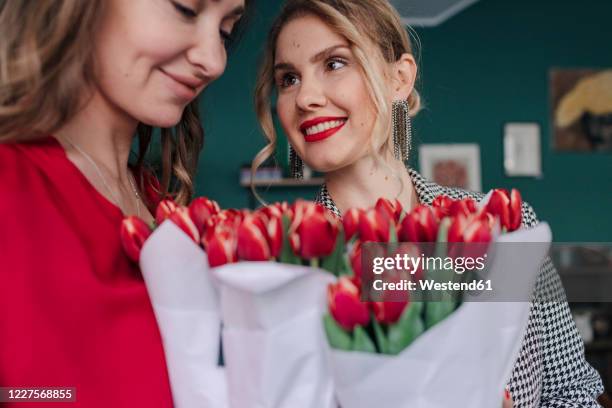 two women with red tulips in a flower shop - admiration stock-fotos und bilder