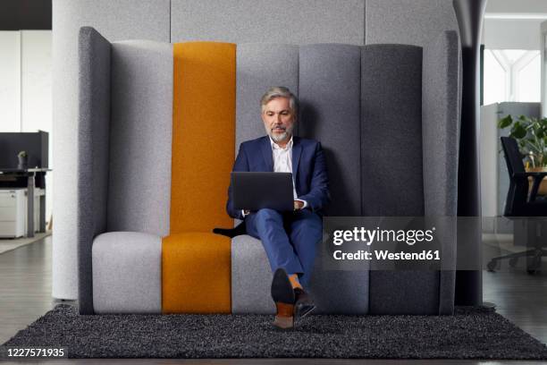 mature businessman sitting on couch in office using laptop - blue suit stock-fotos und bilder