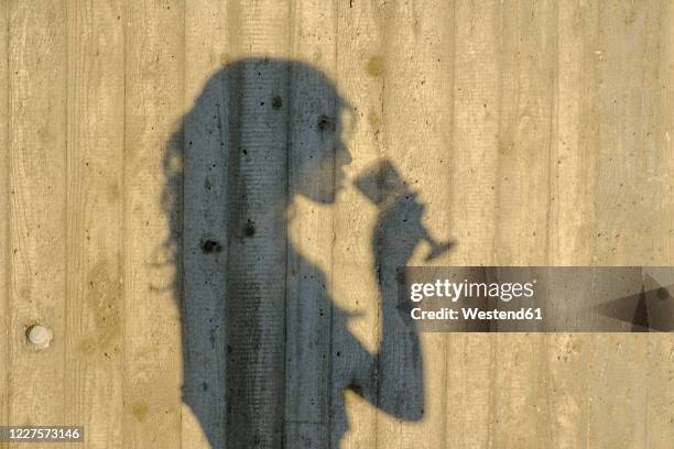 shadow of teenage girl drinking glass of wine - rubbing alcohol stock-fotos und bilder