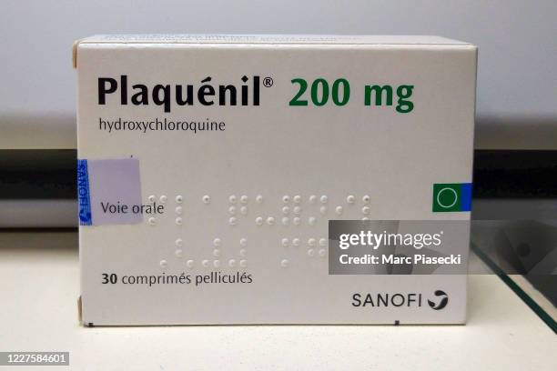 Close-up at a 'Plaquenil' Hydroxychloroquine medication for sale in a pharmacy on May 28, 2020 in Paris France. The French government is revoking a...