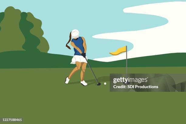 selbstbewusste golferin setzt golfball - country club stock-grafiken, -clipart, -cartoons und -symbole