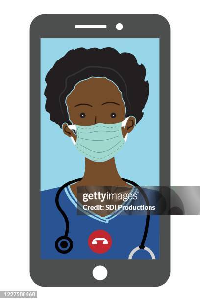 female doctor wears protective mask during telemedicine appointment - protective face mask vector stock illustrations