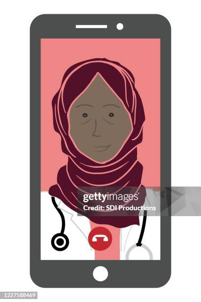 a mature female doctor talks with patient via telemedicine - arabic doctor stock illustrations