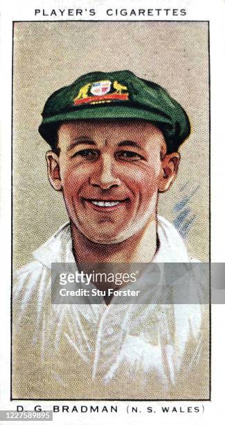 Donald Bradman of New South Wales and Australia illustrated on a Player's Cricket Cigarette Card from 1934.