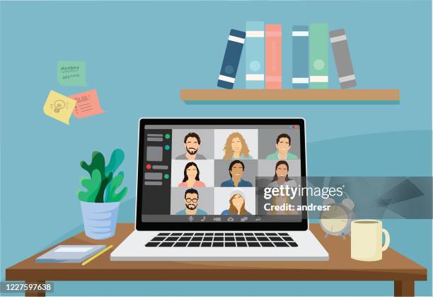 ilustraciones, imágenes clip art, dibujos animados e iconos de stock de ilustración de un grupo de personas en una videoconferencia - computer virus