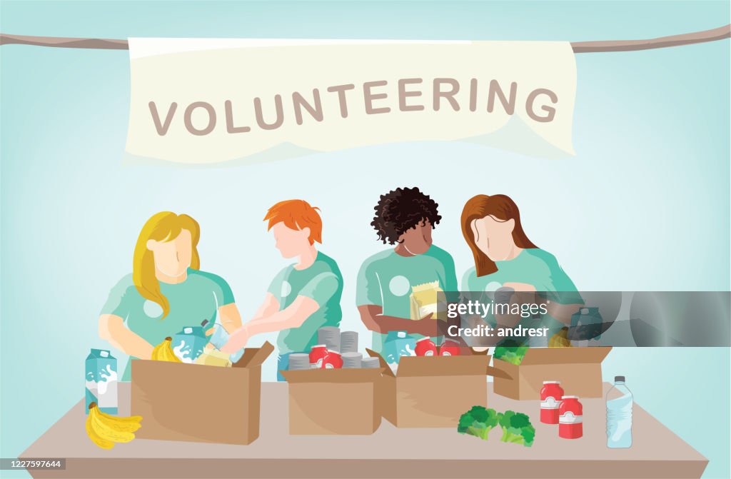 Illustration av en grupp frivilliga som packar mat för att leverera till behövande