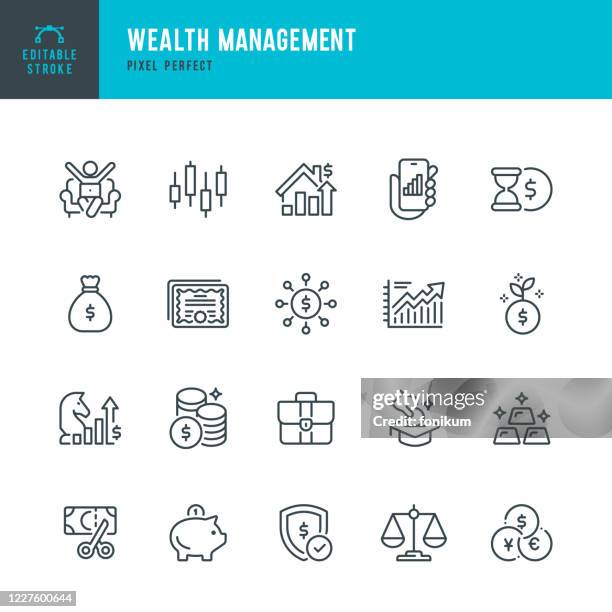 ウェルスマネジメント - 細線ベクトルアイコンセット。ピクセルパーフェクト。セットには、銘柄のアイコンが含まれています: 株式市場データ, 金, ビジネス戦略, 貯金銀行, 投資, 経済, 税� - currency stock illustrations点のイラスト素材／クリップアート素材／マンガ素材／アイコン素材