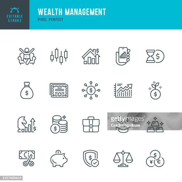 wealth management - thin line vector icon set. pixel perfect. the set contains icons: stock market data, gold, business strategy, piggy bank, investment, economy, tax. - customer engagement icon stock illustrations