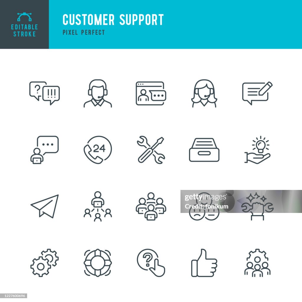 Customer Support - thin line vector icon set. Pixel perfect. The set contains icons: Contact Us, Life Belt, IT Support, Support, 24 Hrs Telephone, Text Messaging.