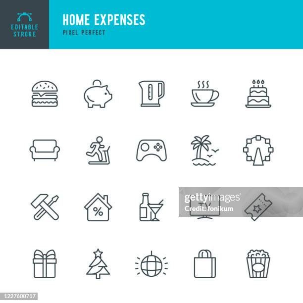 home expenses - dünnlinien-vektor-symbol-set. pixel perfekt. das set enthält symbole: home finances, hypothek, piggy bank, reparatur, einkaufstasche, vergnügungspark, geburtstagstorte, möbel, urlaub. - gamepad stock-grafiken, -clipart, -cartoons und -symbole