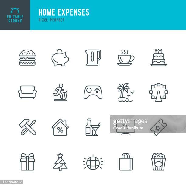 ilustrações, clipart, desenhos animados e ícones de despesas domésticas - conjunto de ícones vetoriais de linha fina. pixel perfeito. o conjunto contém ícones: home finances, mortgage, piggy bank, repairing, shopping bag, parque de diversões, bolo de aniversário, móveis, férias. - controle de video game