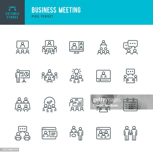 bildbanksillustrationer, clip art samt tecknat material och ikoner med business meeting - tunn linje vektor ikonuppsättning. pixel perfekt. uppsättningen innehåller ikoner: affärsmöte, webbkonferens, lagarbete, presentation, talare, avlägset arbete. - videokonferens