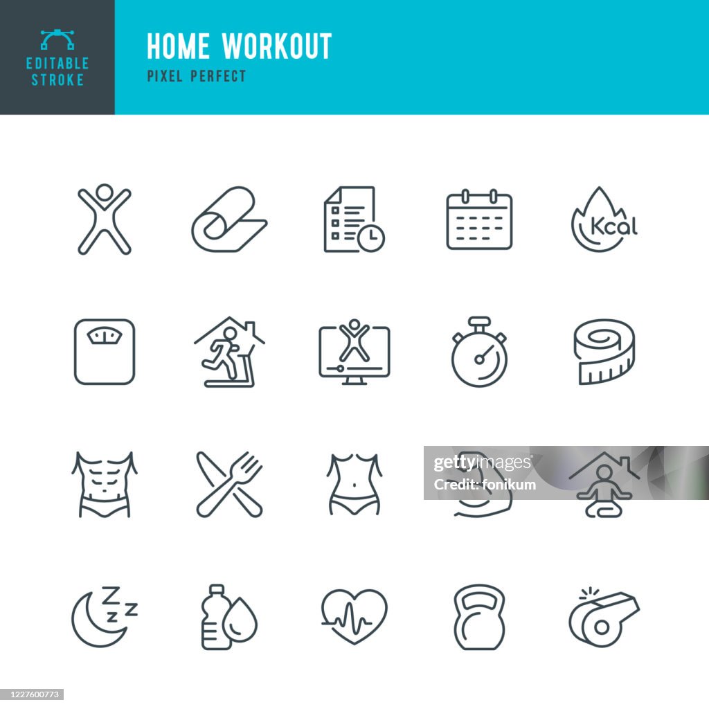 HOME WORKOUT - conjunto de iconos vectoriales de línea delgada. Pixel perfecto. El conjunto contiene iconos: Correr, Entrenamiento de peso, Yoga, Cinta de correr, Ejercicio.