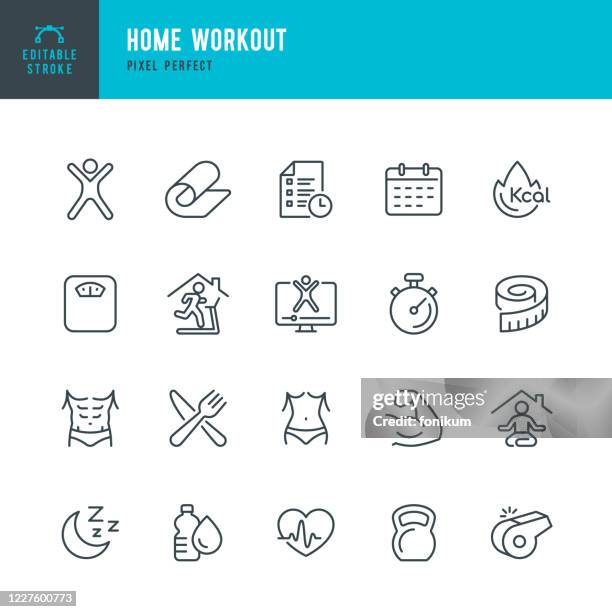 bildbanksillustrationer, clip art samt tecknat material och ikoner med home workout - tunn linje vektor ikonuppsättning. pixel perfekt. setet innehåller ikoner: löpning, styrketräning, yoga, löpband, träning. - vitalitet