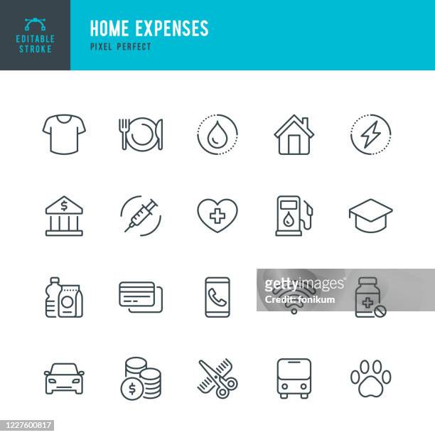 home expenses - dünnlinien-vektor-symbol-set. pixel perfekt. das set enthält symbole: home finances, budget, kreditkarte, medizin, elektrizität, kleidung, friseur, internet. - energieindustrie stock-grafiken, -clipart, -cartoons und -symbole