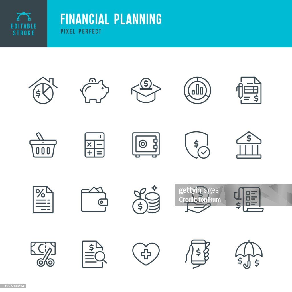 Finanzplanung - Dünnlinien-Vektorsymbolgesetzt. Pixel perfekt. Das Set enthält Symbole: Finanzplanung, Sparschwein, Sparen, Wirtschaft, Versicherungen, Hausfinanzen.