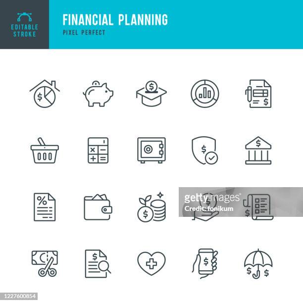 finanzplanung - dünnlinien-vektorsymbolgesetzt. pixel perfekt. das set enthält symbole: finanzplanung, sparschwein, sparen, wirtschaft, versicherungen, hausfinanzen. - investimento stock-grafiken, -clipart, -cartoons und -symbole