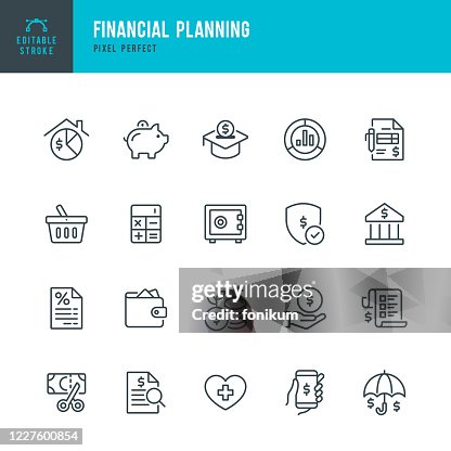 Financial Planning - thin line vector icon set. Pixel perfect. The set contains icons: Financial Planning, Piggy Bank, Savings, Economy, Insurance, Home Finances. Financial Planning - thin line vector icon set. Pixel perfect. The set contains icons: Financial Planning, Piggy Bank, Savings, Economy, Insurance, Home Finances.