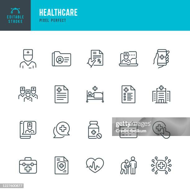 illustrations, cliparts, dessins animés et icônes de healthcare - ensemble d’icônes vectorielles à ligne mince. pixel parfait. l’ensemble contient des icônes : télémédecine, médecin, aide adulte senior, bouteille de pilule, premiers soins, examen médical, assurance médicale. - maison de retraite