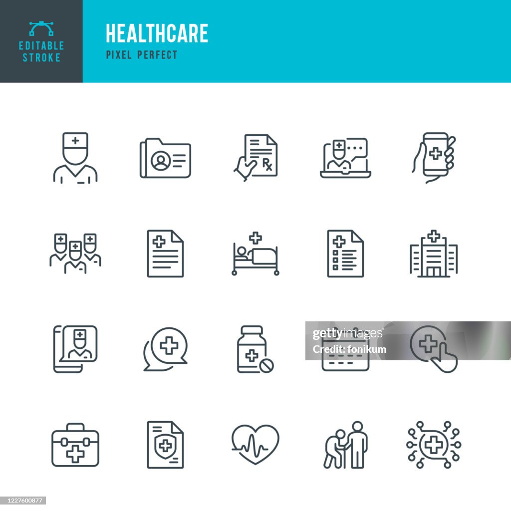 HEALTHCARE - thin line vector icon set. Pixel perfect. The set contains icons: Telemedicine, Doctor, Senior Adult Assistance, Pill Bottle, First Aid, Medical Exam, Medical Insurance.