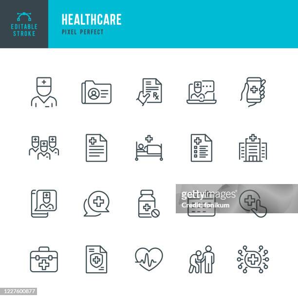 healthcare - thin line vector icon set. pixel perfect. the set contains icons: telemedicine, doctor, senior adult assistance, pill bottle, first aid, medical exam, medical insurance. - mobile app stock illustrations
