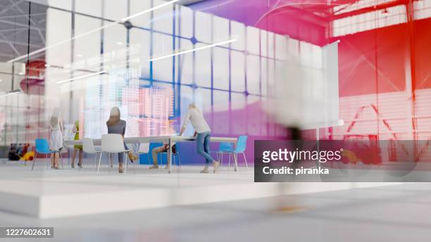 modern office in an industrial building - employee engagement virtual stock pictures, royalty-free photos & images