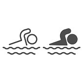 Man swims in sea line and solid icon, Summer concept, Swimming sign on white background, swim icon in outline style for mobile concept and web design. Vector graphics.