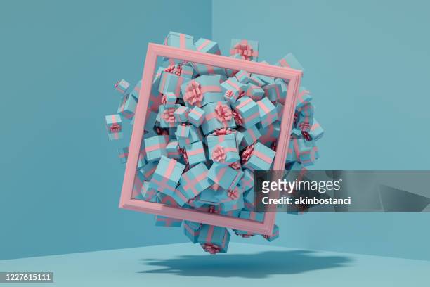 flying gift boxes with frame - large group of objects stock pictures, royalty-free photos & images