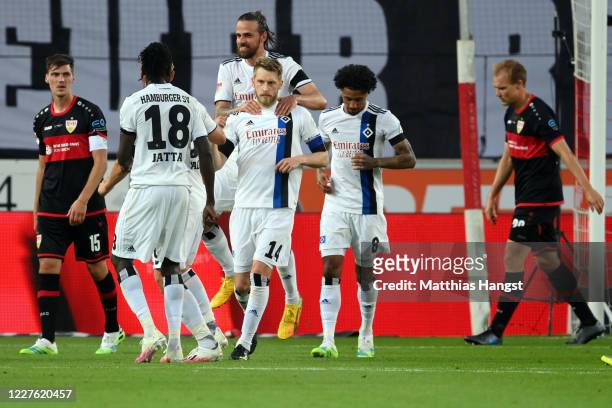 Aaron Hunt of Hamburg celebrates his team's second goal during the Second Bundesliga match between VfB Stuttgart and Hamburger SV at Mercedes-Benz...