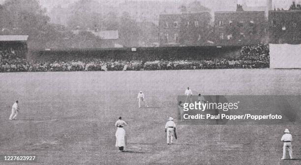 Vintage illustration featuring the 5th Test match between Australia and England at The Kennington Oval in London, with England's Kumar Shri...