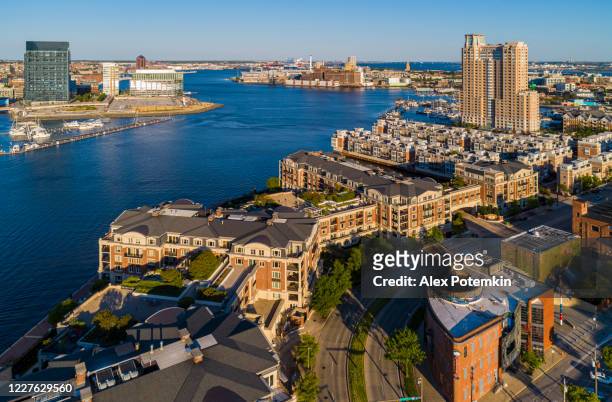 the aerial view on harbor view residential district and marina at patapsco river in baltimore, maryland, usa, at sunset. - baltimore maryland imagens e fotografias de stock