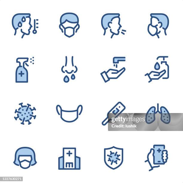 ilustraciones, imágenes clip art, dibujos animados e iconos de stock de prevención de virus - iconos de línea azul pixel perfect - toser