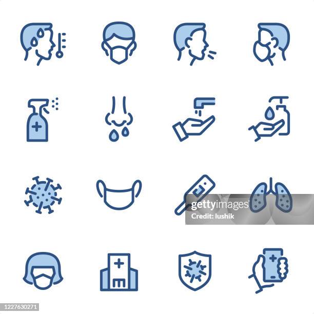 stockillustraties, clipart, cartoons en iconen met virus preventie - pixel perfect blauwe lijn pictogrammen - niezen