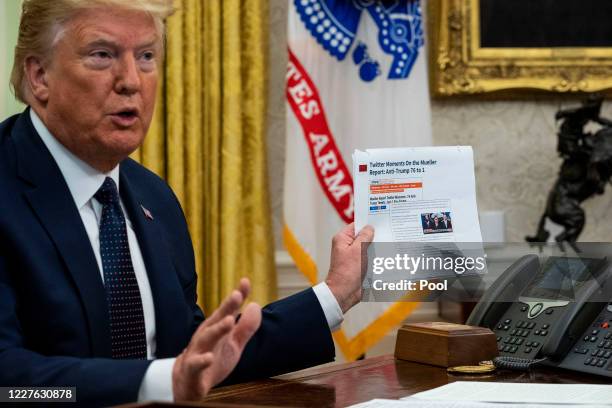 President Donald Trump speaks in the Oval Office before signing an executive order related to regulating social media on May 28, 2020 in Washington,...