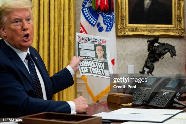 President Donald Trump speaks in the Oval Office before signing an executive order related to regulating social media on May 28, 2020 in Washington,...