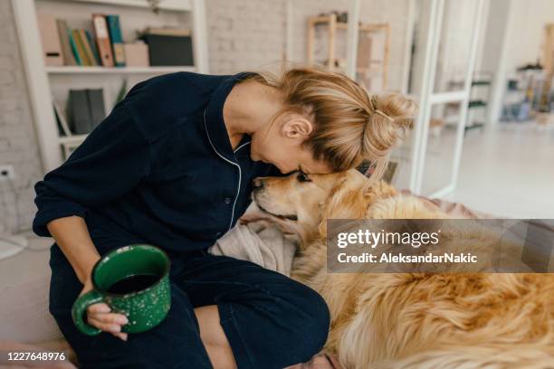 genieten van mijn ochtendkoffie met mijn hond - messy bun stockfoto's en -beelden