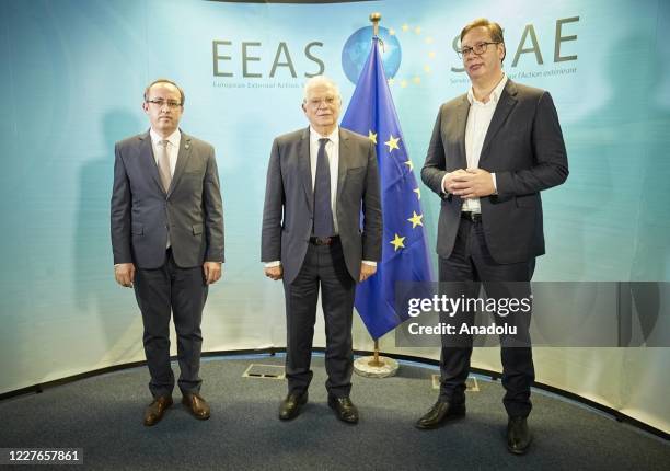 Serbian President Aleksandar Vucic and Prime Minister of Kosovo, Avdullah Hoti meet European Union High Representative for Foreign Affairs and...