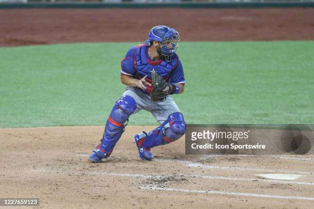 Texas Rangers catcher Nick Ciuffo throws to second base during the Texas Rangers Summer Camp on July 16, 2020 at Globe Life Field in Arlington, TX.