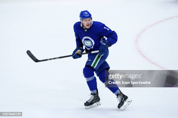 Vancouver Canucks Defenseman Brogan Rafferty skates up ice during the Vancouver Canucks Training Camp at Rogers Arena on July 16th, 2020 in...