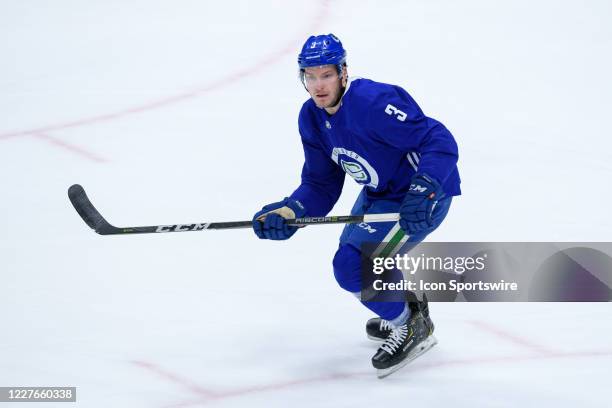 Vancouver Canucks Defenseman Brogan Rafferty skates up ice during the Vancouver Canucks Training Camp at Rogers Arena on July 16th, 2020 in...