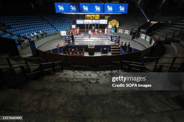 Muaythai Boxers are seen in action during the Thai Boxing match that was held without spectators as a preventive measure against the spread of...